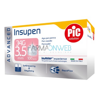 Pikdare Ago Penna Insulina Pic Insupen Advanced Gauge 34x3,5 Mm 100 Pezzi