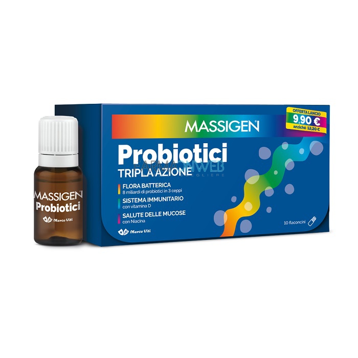Massigen Probiotici Tripla Azione Integratore Alimentare 10 flaconcini